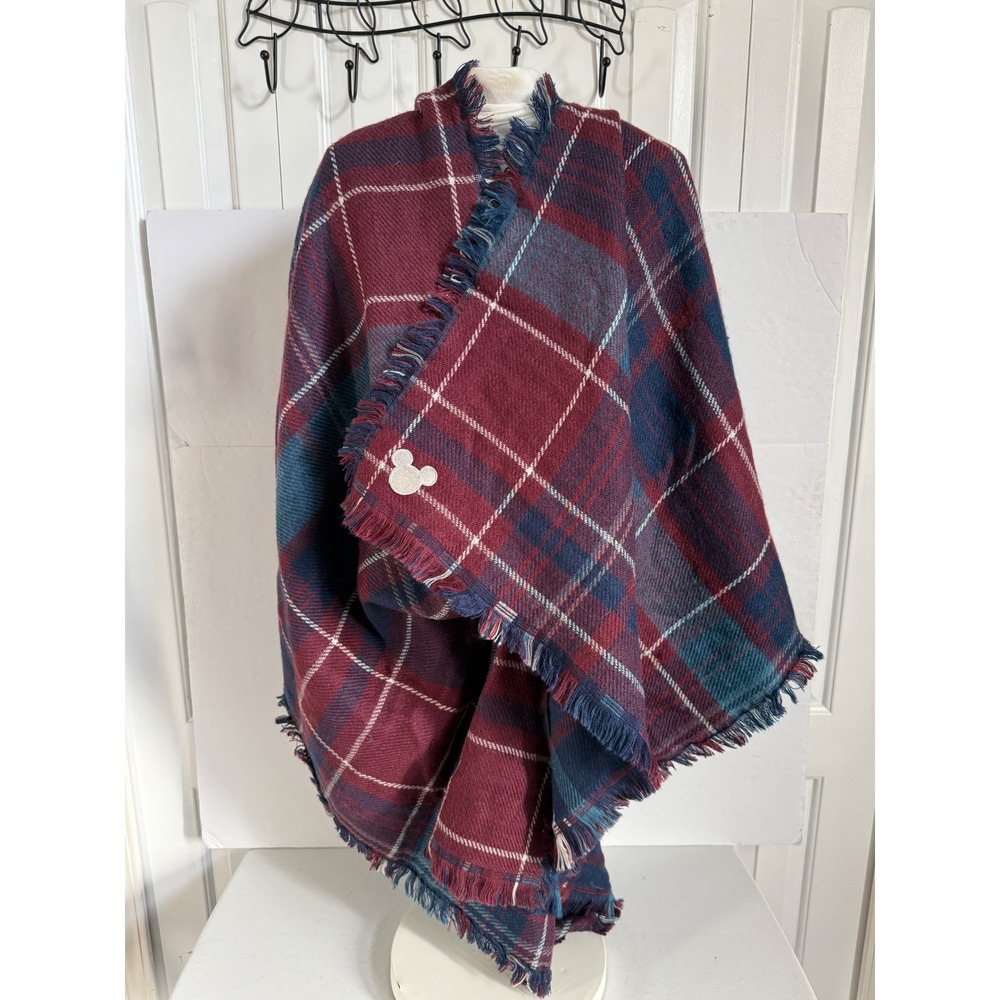 Disney Parks Mickey Mouse Plaid Wrap Scarf Burgundy Navy Blue Fringed Shawl
